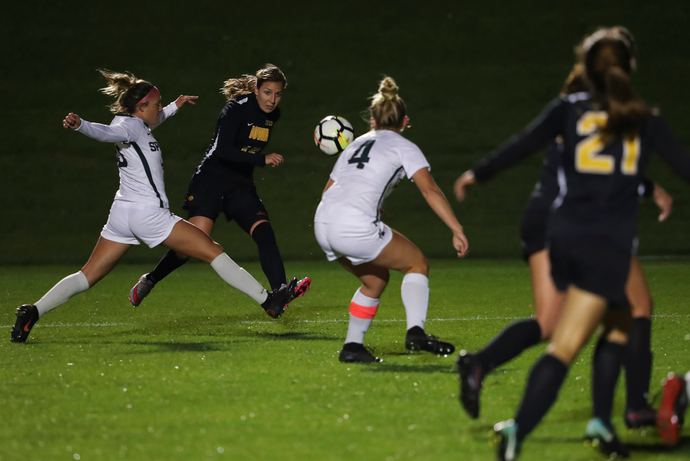 Iowa Hawkeyes forward Rose Ripslinger (15) passes the ball during a game against Michigan State at the Iowa Soccer Complex on October 12, 2018. (Tork Mason/hawkeyesports.com)