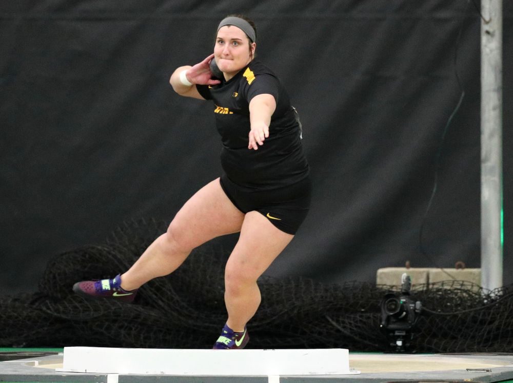 Iowa’s Jamie Kofron throws in the women’s shot put event during the Larry Wieczorek Invitational at the Hawkeye Tennis and Recreation Complex in Iowa City on Friday, January 17, 2020. (Stephen Mally/hawkeyesports.com)