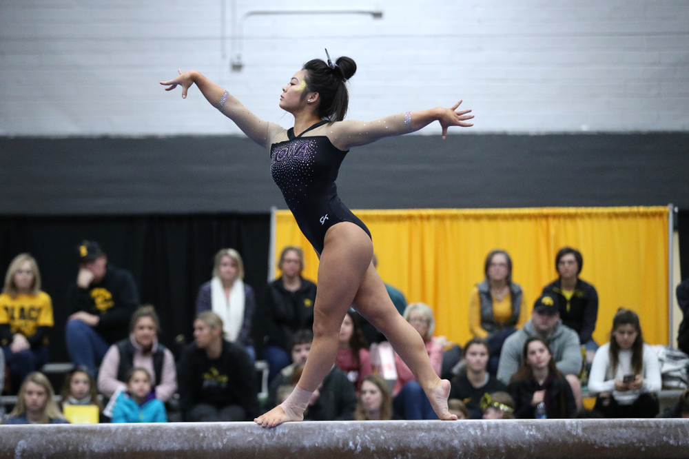 Clair Kaji competes on the beam during the Black and Gold intrasquad meet Saturday, December 1, 2018 at the University of Iowa Field House. (Brian Ray/hawkeyesports.com)