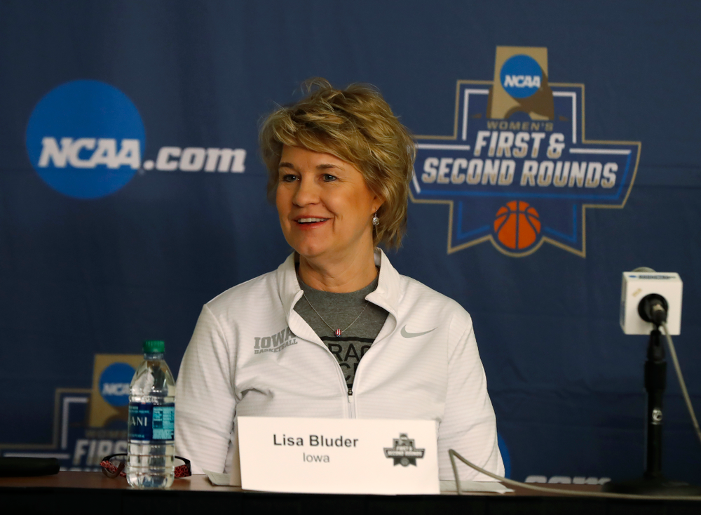 Iowa Hawkeyes head coach Lisa Bluder answers questions from the media during a news conference Friday, March 16, 2018 at Pauley Pavilion on the campus of UCLA. (Brian Ray/hawkeyesports.com)