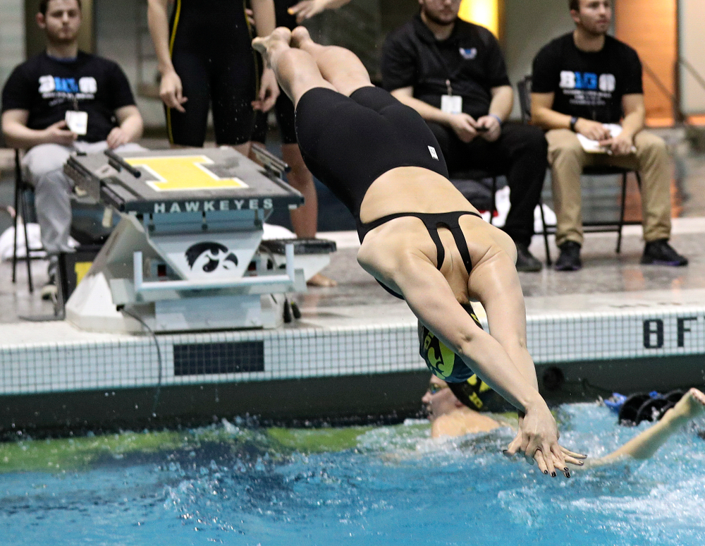 Iowa’s Hannah Burvill swims the women’s 400 yard freestyle relay event during the 2020 Women’s Big Ten Swimming and Diving Championships at the Campus Recreation and Wellness Center in Iowa City on Saturday, February 22, 2020. (Stephen Mally/hawkeyesports.com)