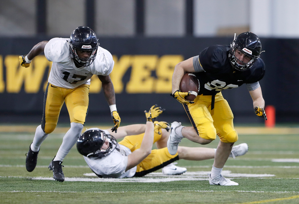 Cedric Boswell, Nico Ragaini -- University of Iowa spring football practice No. 6 on March 31, 2018, in Iowa City, Iowa. (Darren Miller/hawkeyesports.com)