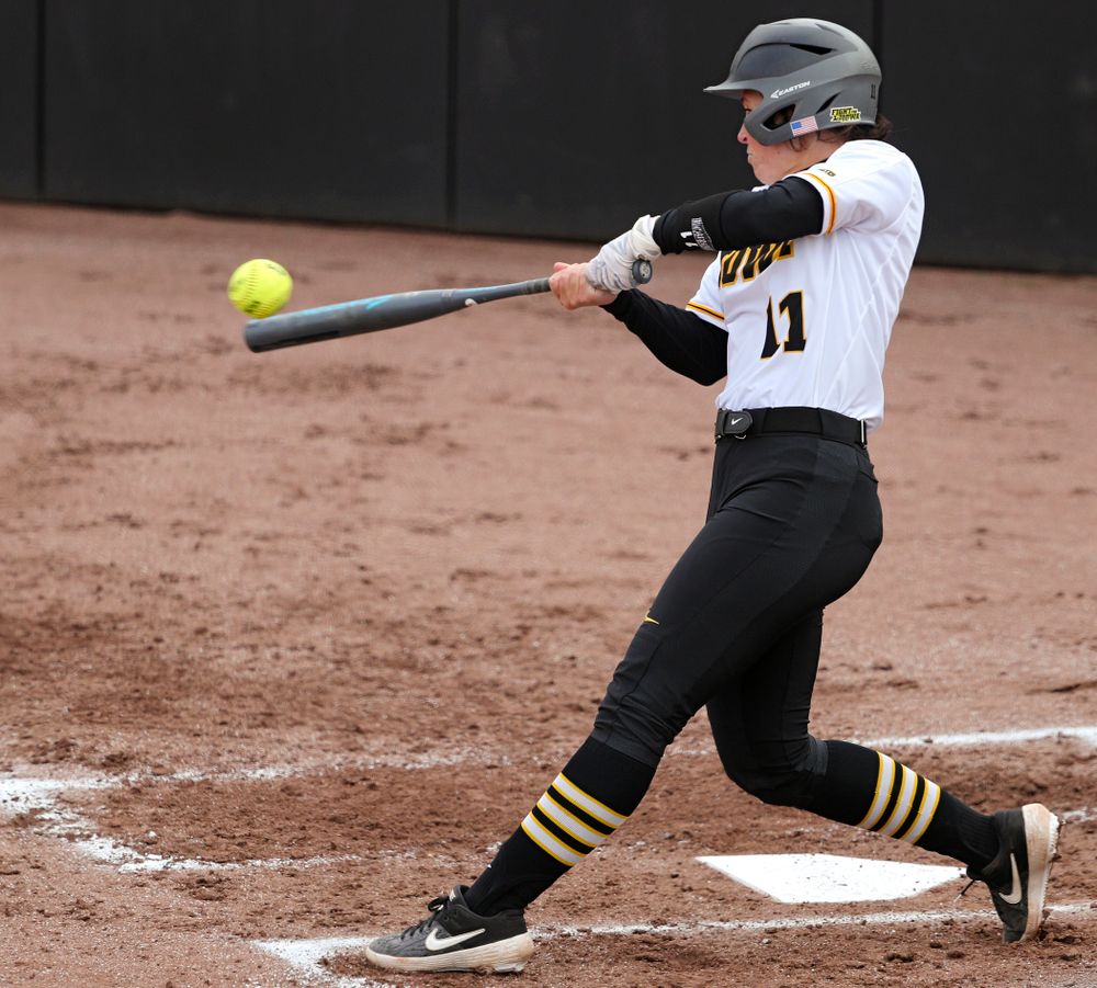 Iowa third baseman Mallory Kilian (11) bats during the first inning of their game against Illinois at Pearl Field in Iowa City on Friday, Apr. 12, 2019. (Stephen Mally/hawkeyesports.com)