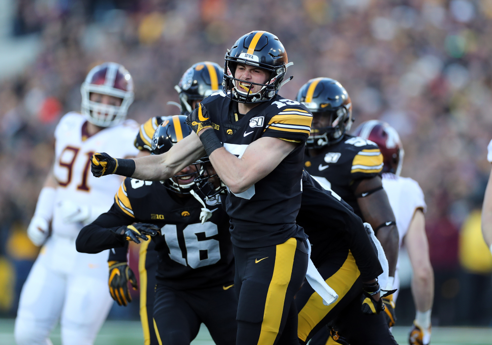 Iowa Hawkeyes wide receiver Henry Marchese (13) celebrates after making a stop on special teams against the Minnesota Golden Gophers Saturday, November 16, 2019 at Kinnick Stadium. (Brian Ray/hawkeyesports.com)