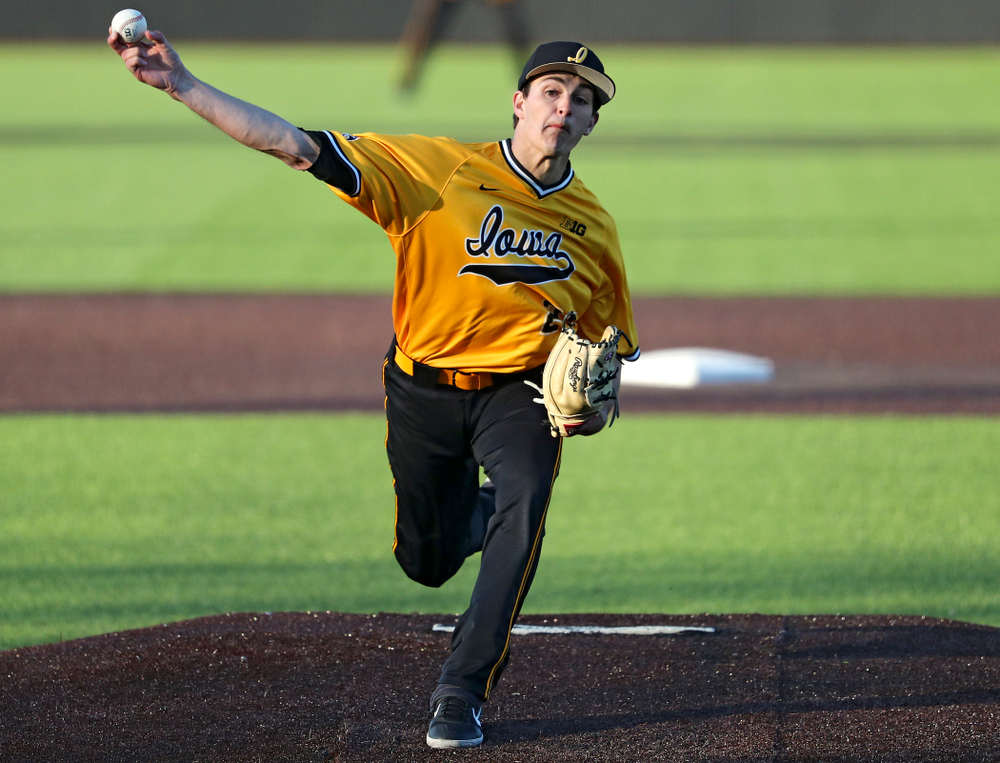 Iowa Hawkeyes pitcher Jason Foster (27) delivers to the plate during the eighth inning of their game at Duane Banks Field in Iowa City on Tuesday, Apr. 2, 2019. (Stephen Mally/hawkeyesports.com)