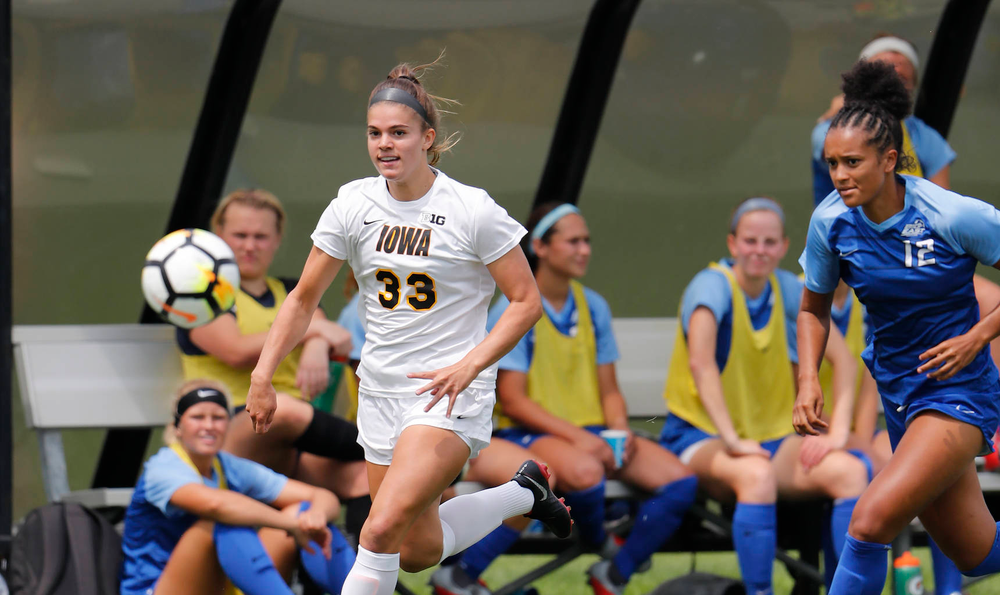 Iowa Hawkeyes Riley Burns (33) against the Creighton Bluejays Sunday, August 19, 2018 at the Iowa Soccer Complex. (Brian Ray/hawkeyesports.com)