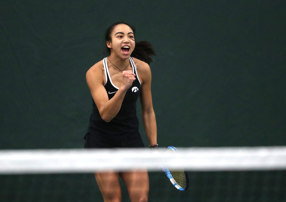Iowa's Michelle Bacalla and Cloe Ruettte play a doubles match against the Penn State Nittany Lions Sunday, February 24, 2019 at the Hawkeye Tennis and Recreation Complex. (Brian Ray/hawkeyesports.com)