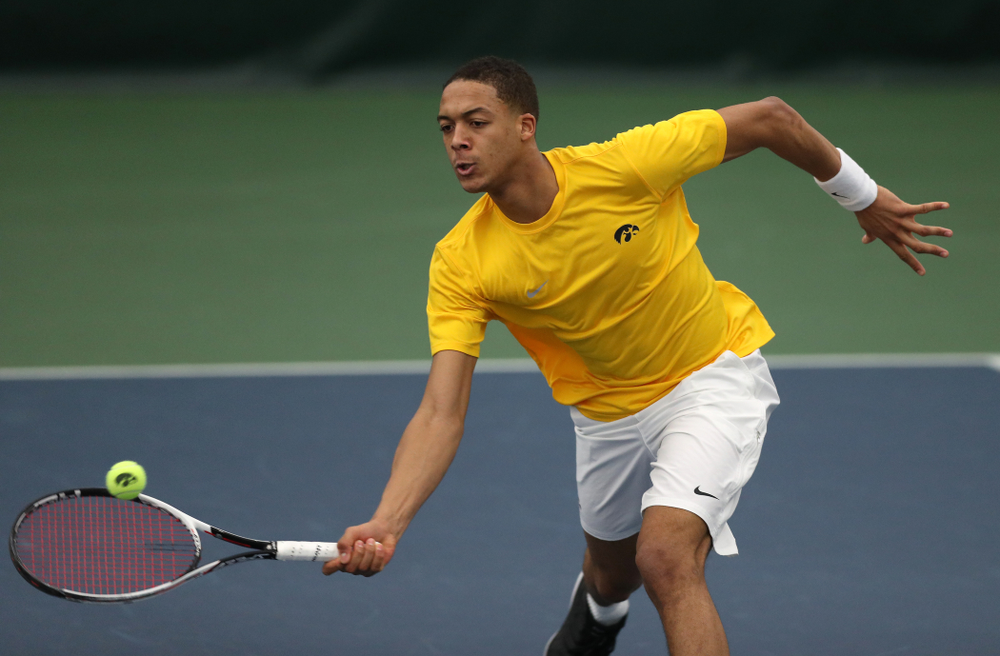 Oliver Okonkwo against Utah Sunday, February 10, 2019 at the Hawkeye Tennis and Recreation Complex. (Brian Ray/hawkeyesports.com)
