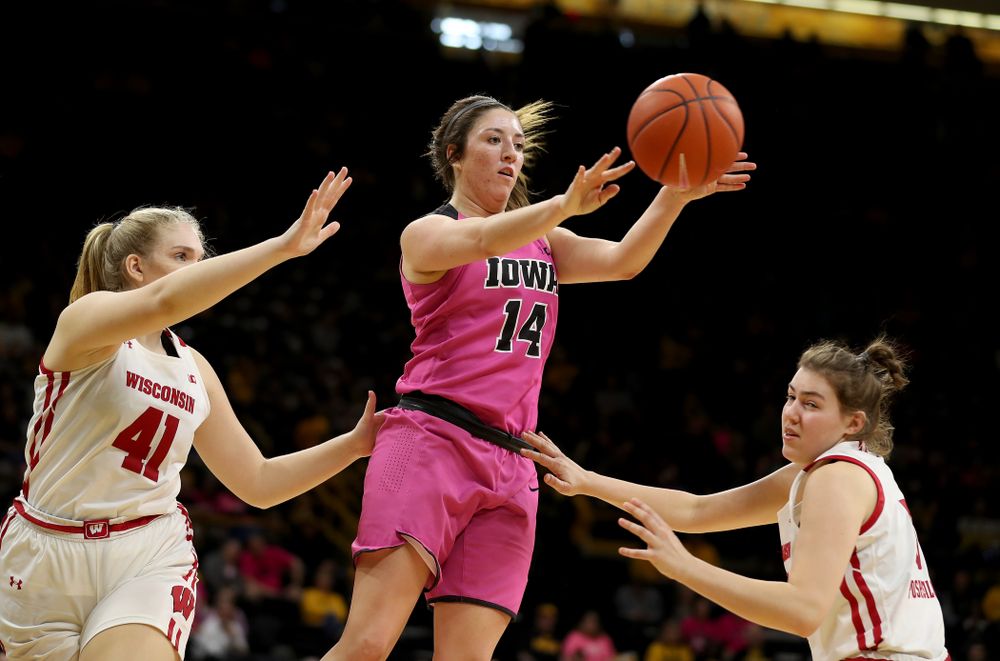 Iowa Hawkeyes forward McKenna Warnock (14) against the Wisconsin Badgers Sunday, February 16, 2020 at Carver-Hawkeye Arena. (Brian Ray/hawkeyesports.com)