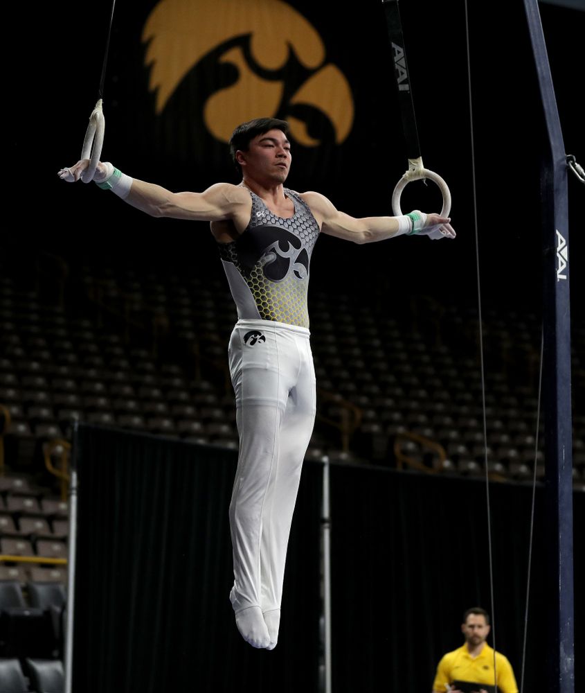 Iowa’s Brandon Wong competes on the rings against Illinois Sunday, March 1, 2020 at Carver-Hawkeye Arena. (Brian Ray/hawkeyesports.com)