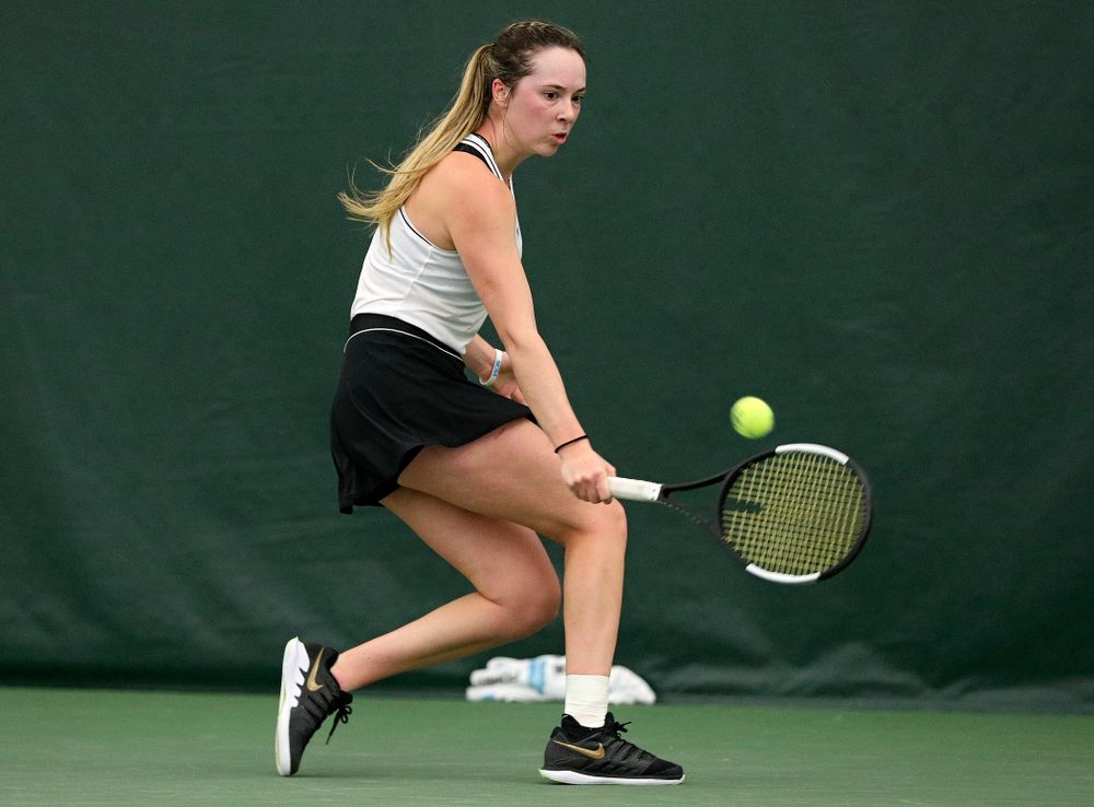 Iowa’s Samantha Mannix during her singles match at the Hawkeye Tennis and Recreation Complex in Iowa City on Sunday, February 16, 2020. (Stephen Mally/hawkeyesports.com)