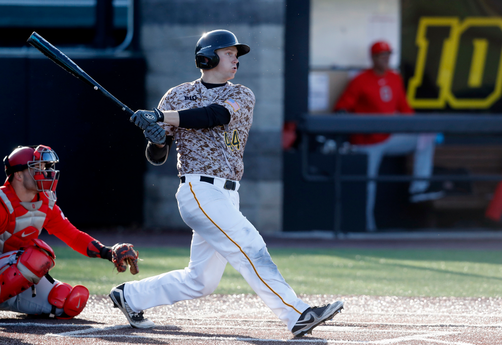 Iowa Hawkeyes outfielder Robert Neustrom (44) against the Ohio State Buckeyes Saturday, April 7, 2018 at Duane Banks Field. (Brian Ray/hawkeyesports.com)
