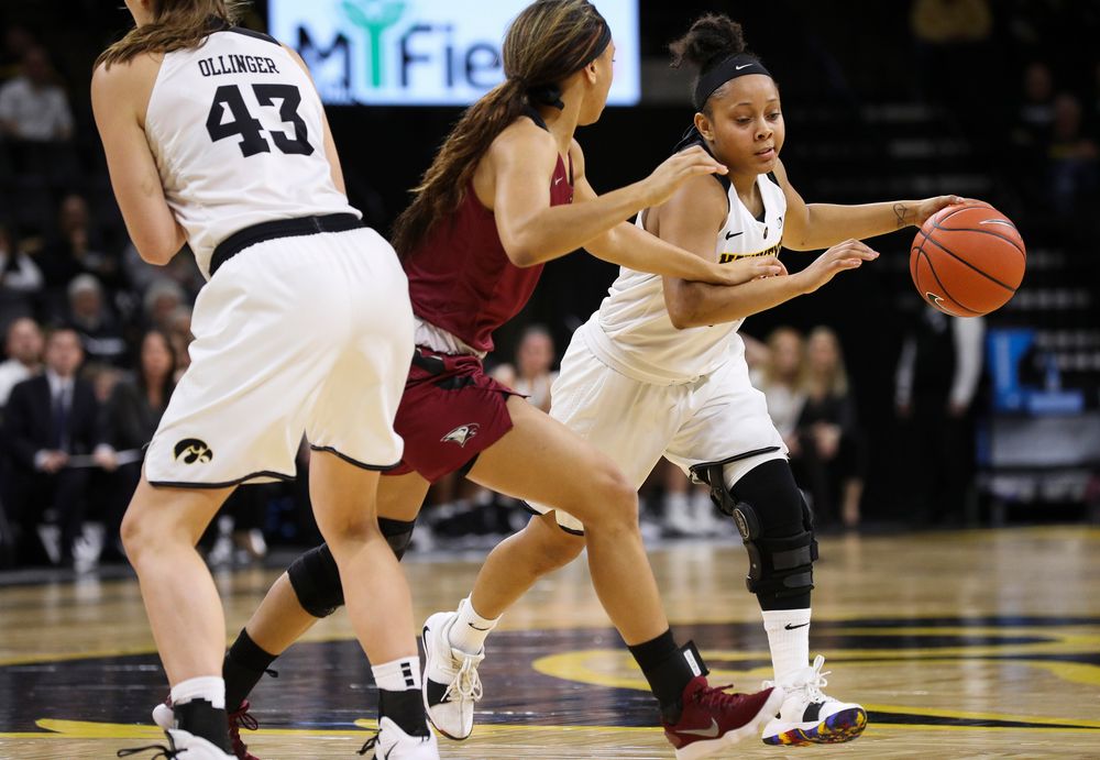 Iowa Hawkeyes guard Tania Davis (11) dribbles the ball during a game against North Carolina Central at Carver-Hawkeye Arena on November 17, 2018. (Tork Mason/hawkeyesports.com)