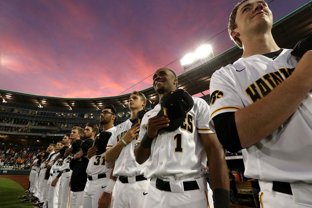Iowa Hawkeyes infielder Lorenzo Elion (1) against the Minnesota Golden Gophers in the Big Ten Baseball Tournament Friday, May 24, 2019 at TD Ameritrade Park in Omaha, Neb. (Brian Ray/hawkeyesports.com)
