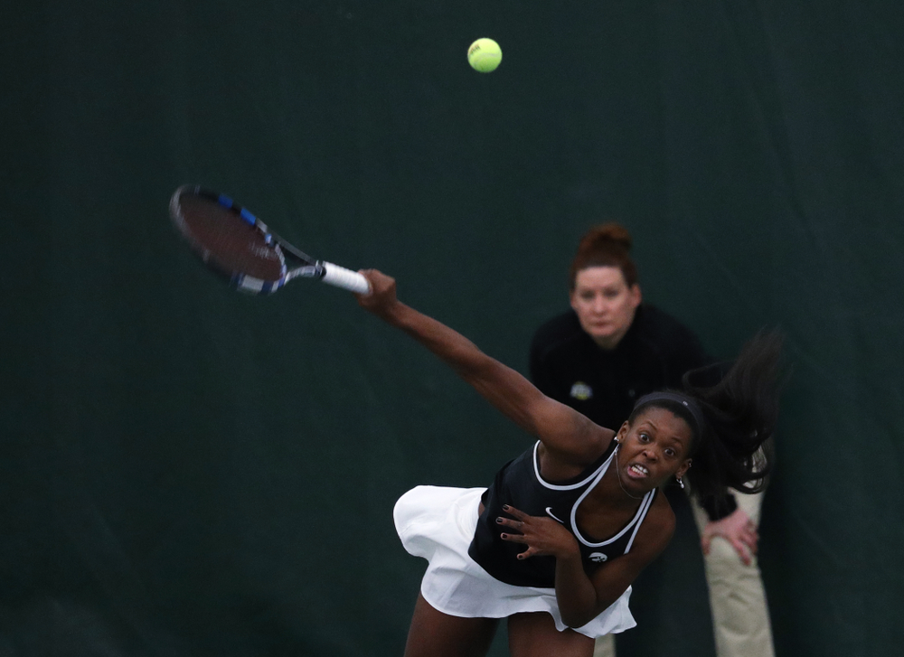 Iowa's Adorabol Huckleby during a doubles match against North Texas Sunday, January 20, 2019 at the Hawkeye Tennis and Recreation Center. (Brian Ray/hawkeyesports.com)