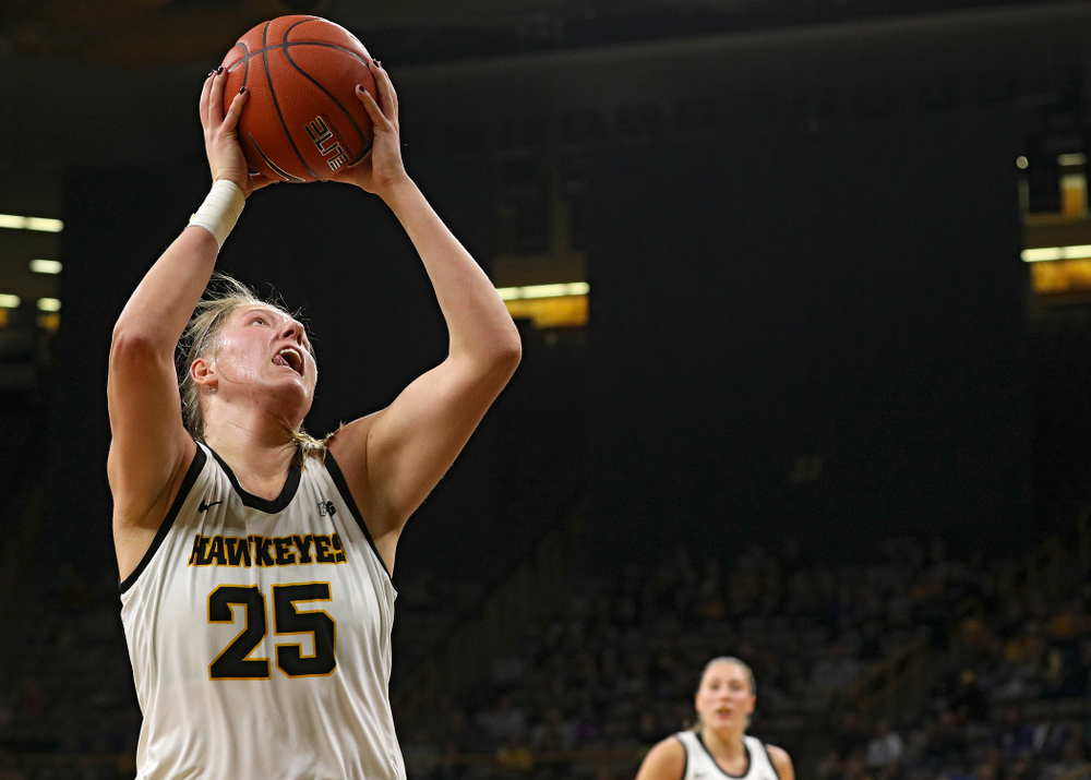 Iowa Hawkeyes forward Monika Czinano (25) scores a basket during the second quarter of their game at Carver-Hawkeye Arena in Iowa City on Saturday, December 21, 2019. (Stephen Mally/hawkeyesports.com)