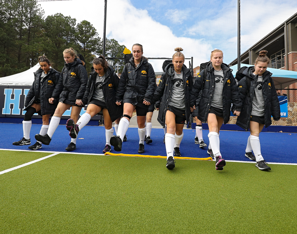 Iowa’s Ciara Smith (17), Lokke Stribos (14), Cat Nicholson (24), Anthe Nijziel (6), Leah Zellner (13), Makenna Maguire (21), and Meghan Conroy (5) before their NCAA Tournament Second Round match against North Carolina at Karen Shelton Stadium in Chapel Hill, N.C. on Sunday, Nov 17, 2019. (Stephen Mally/hawkeyesports.com)