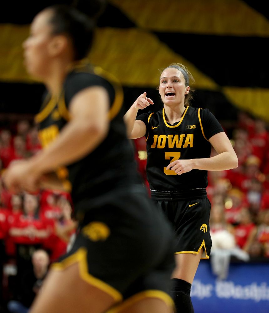 Iowa Hawkeyes guard Makenzie Meyer (3) against the Maryland Terrapins Thursday, February 13, 2020 at the Xfinity Center in College Park, MD. (Brian Ray/hawkeyesports.com)