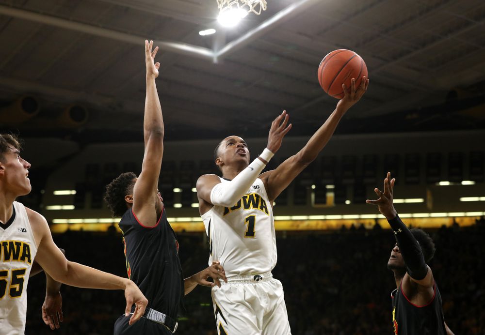 Iowa Hawkeyes guard Maishe Dailey (1) against the Maryland Terapins Tuesday, February 19, 2019 at Carver-Hawkeye Arena. (Brian Ray/hawkeyesports.com)