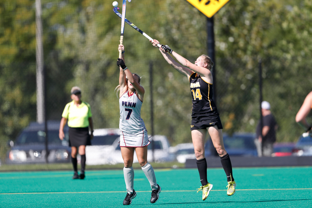 Iowa Hawkeyes Lokke Stribos (14) against the Penn Quakers Friday, September 14, 2018 at Grant Field. (Brian Ray/hawkeyesports.com)