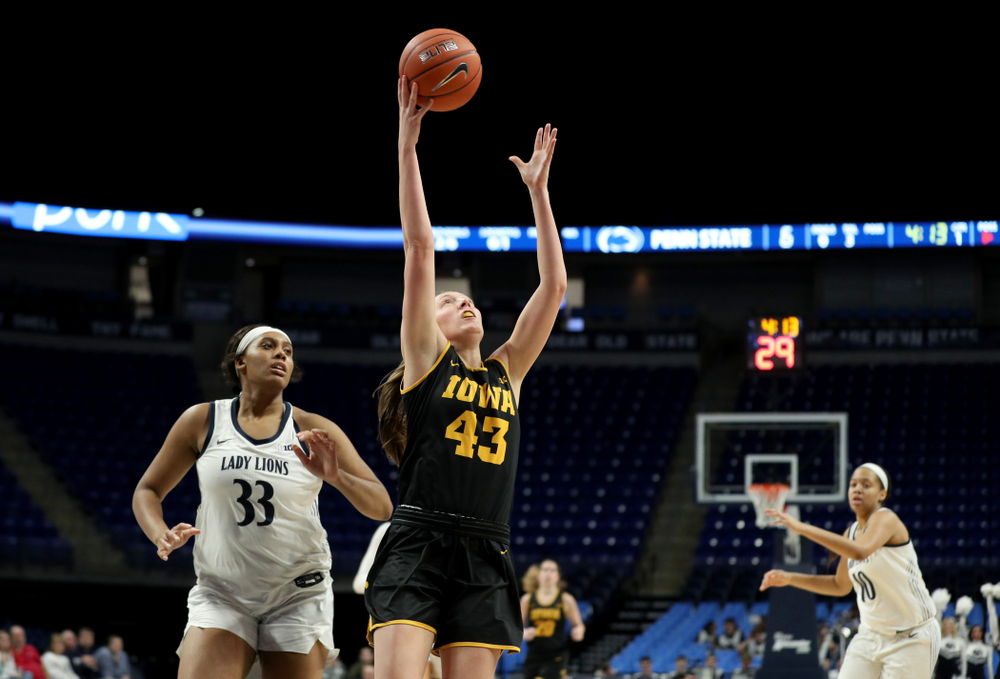 Iowa Hawkeyes forward Amanda Ollinger (43) against the Penn State Nittany Lions Thursday, January 30, 2020 at the Bryce Jordan Center. (Brian Ray/hawkeyesports.com)