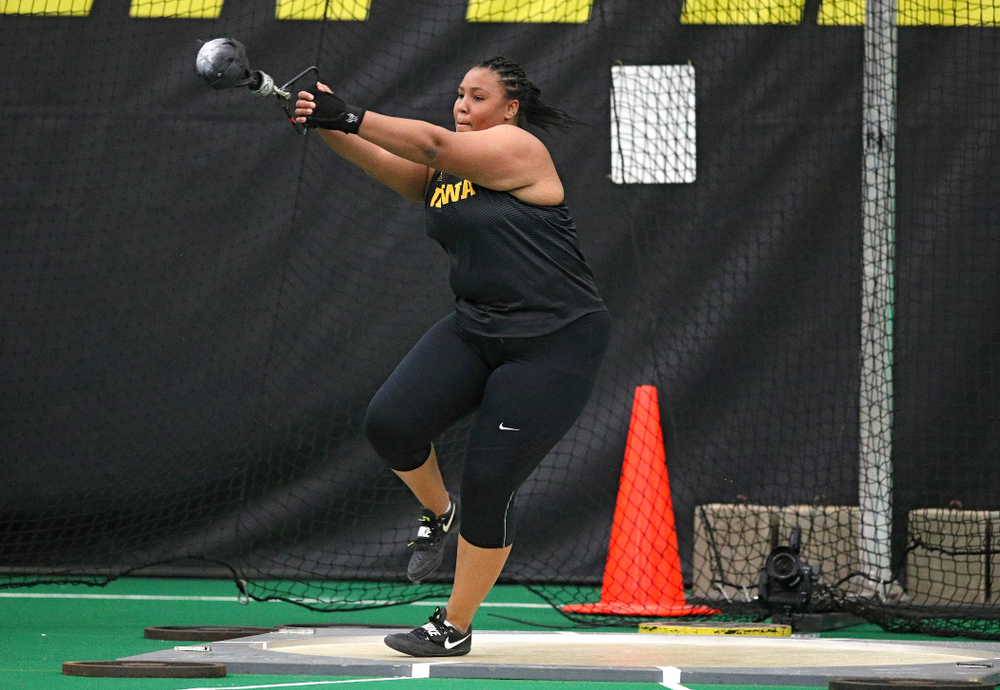 Iowa’s Ianna Roach throws in the women’s weight throw event during the Hawkeye Invitational at the Hawkeye Tennis and Recreation Complex in Iowa City on Friday, January 10, 2020. (Stephen Mally/hawkeyesports.com)
