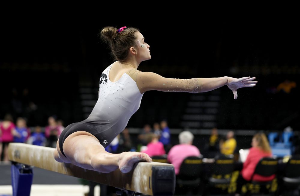 IowaÕs Mackenzie Vance competes on the beam against Ball State and Air Force Saturday, January 11, 2020 at Carver-Hawkeye Arena. (Brian Ray/hawkeyesports.com)