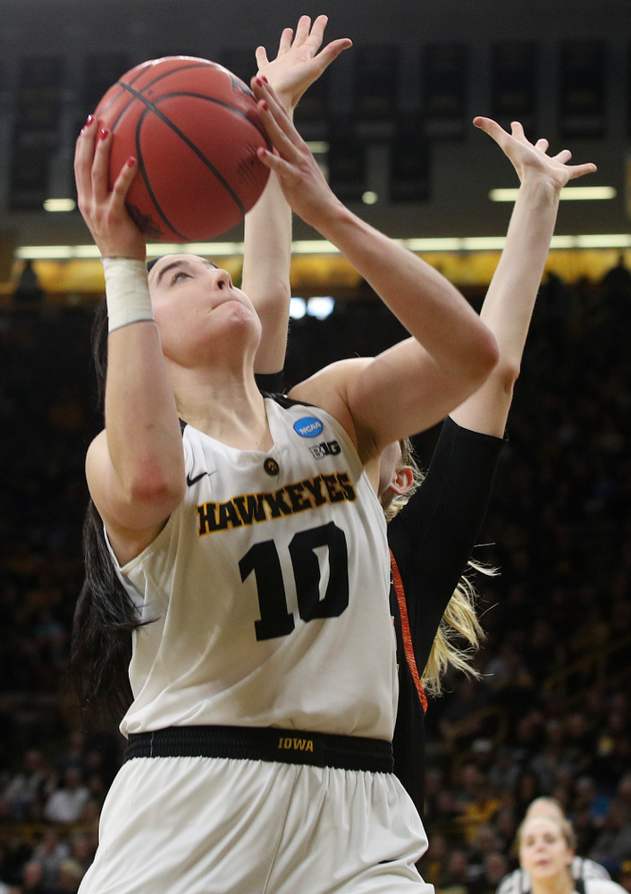 Iowa Hawkeyes forward Megan Gustafson (10) makes a basket during the first round of the 2019 NCAA Women's Basketball Tournament at Carver Hawkeye Arena in Iowa City on Friday, Mar. 22, 2019. (Stephen Mally for hawkeyesports.com)