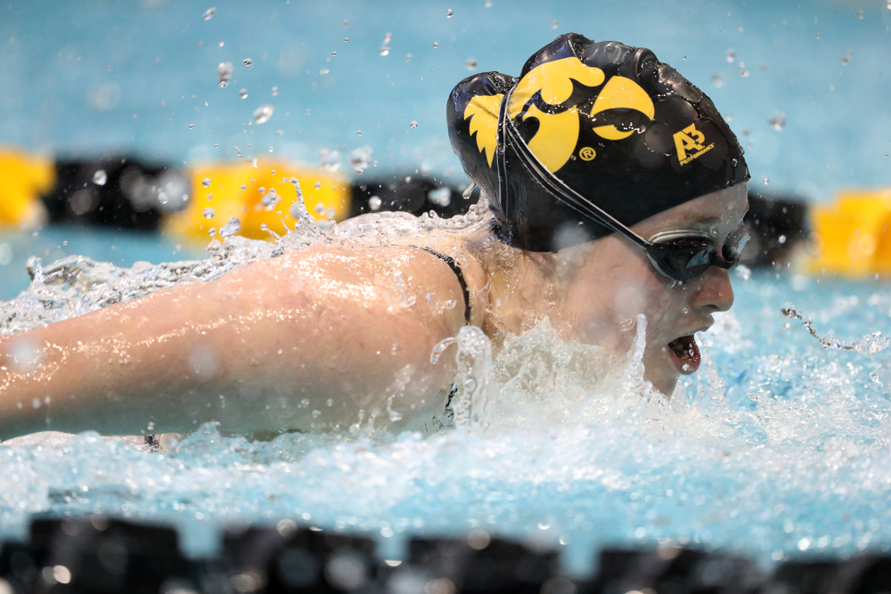 Iowa's Kelsey Drake swims the butterfly leg of the 200 yard medley relay during a double dual against Wisconsin and Northwestern Saturday, January 19, 2019 at the Campus Recreation and Wellness Center. (Brian Ray/hawkeyesports.com)