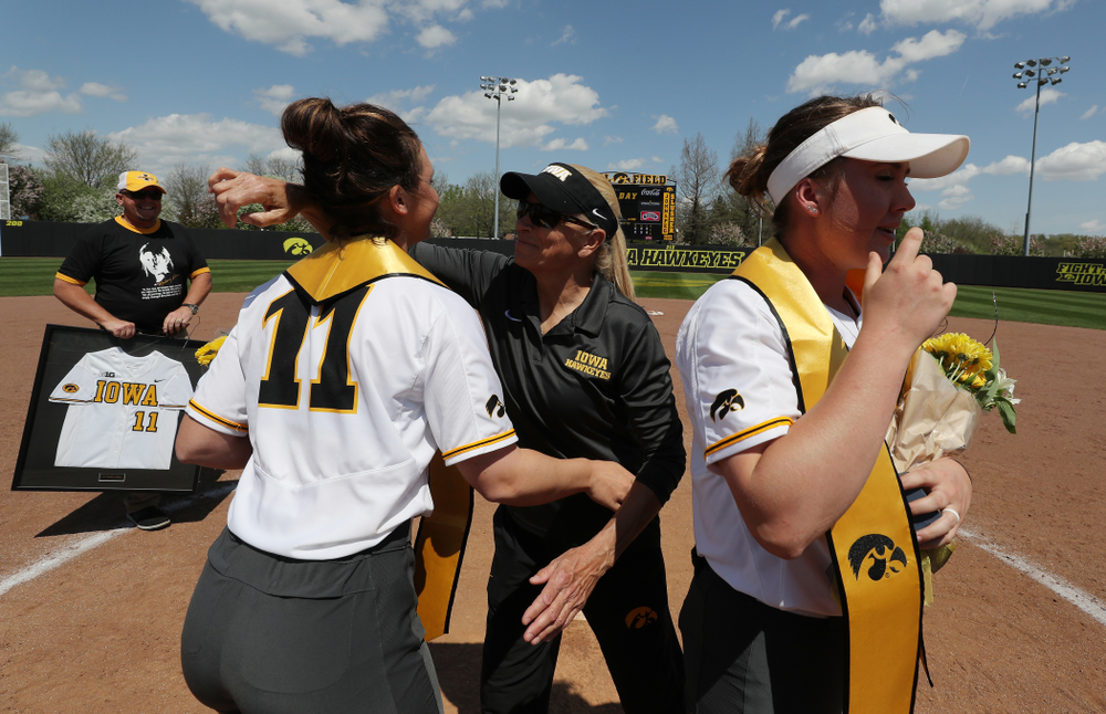 Iowa Hawkeyes Mallory Kilian (11) and Head Coach Renee Gillispie during senior day festivities following their game against the Ohio State Buckeyes Sunday, May 5, 2019 at Pearl Field. (Brian Ray/hawkeyesports.com)ic