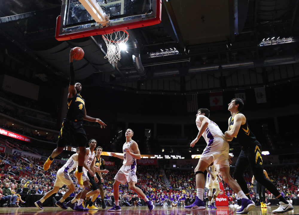Iowa Hawkeyes guard Isaiah Moss (4) against the Northern Iowa Panthers in the Hy-Vee Classic Saturday, December 15, 2018 at Wells Fargo Arena in Des Moines. (Brian Ray/hawkeyesports.com)