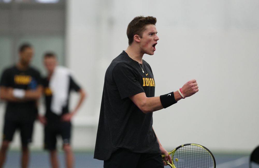 Iowa's Nikita Snezhko and Joe Tyler play a doubles match against UMKC Friday, February 15, 2019 at the Hawkeye Tennis and Recreation Complex. (Brian Ray/hawkeyesports.com)