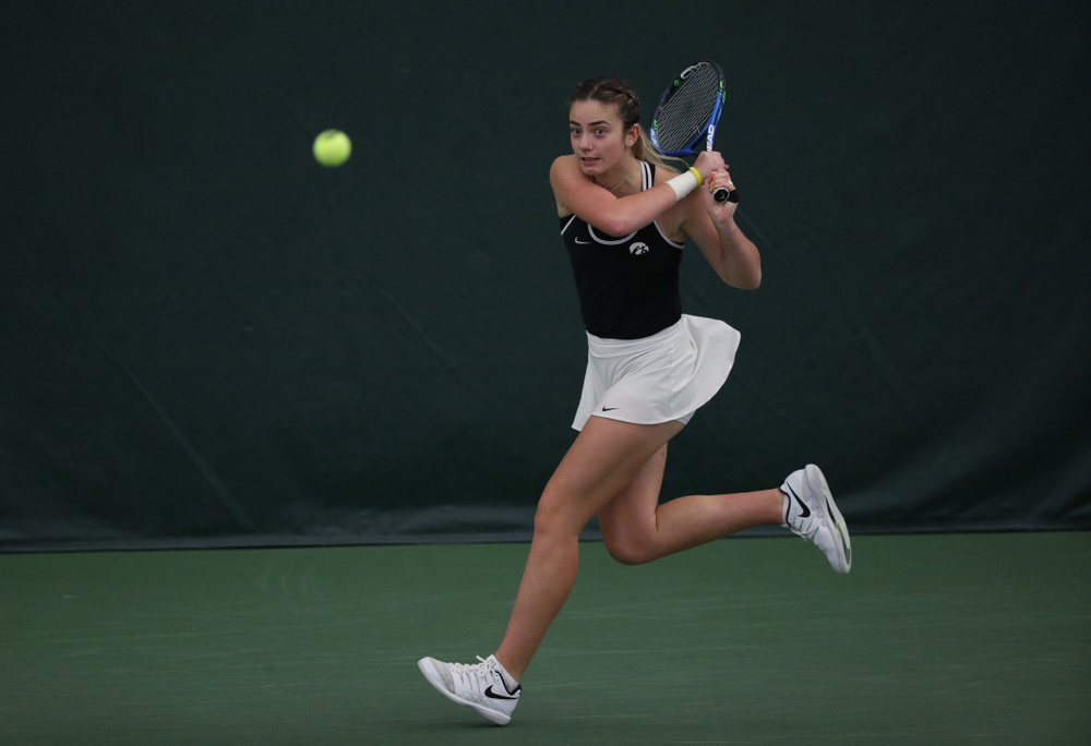 Iowa's Adorabol Huckleby during a doubles match against North Texas Sunday, January 20, 2019 at the Hawkeye Tennis and Recreation Center. (Brian Ray/hawkeyesports.com)