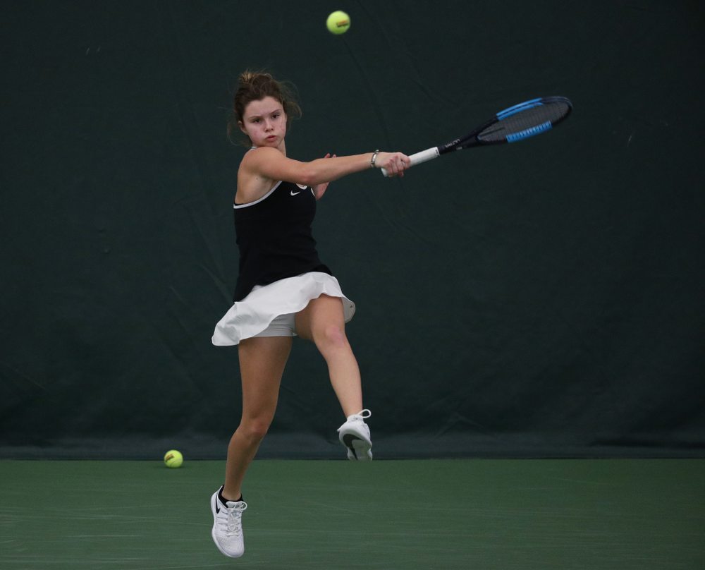 Iowa's Cloe Ruette during a doubles match against North Texas Sunday, January 20, 2019 at the Hawkeye Tennis and Recreation Center. (Brian Ray/hawkeyesports.com)