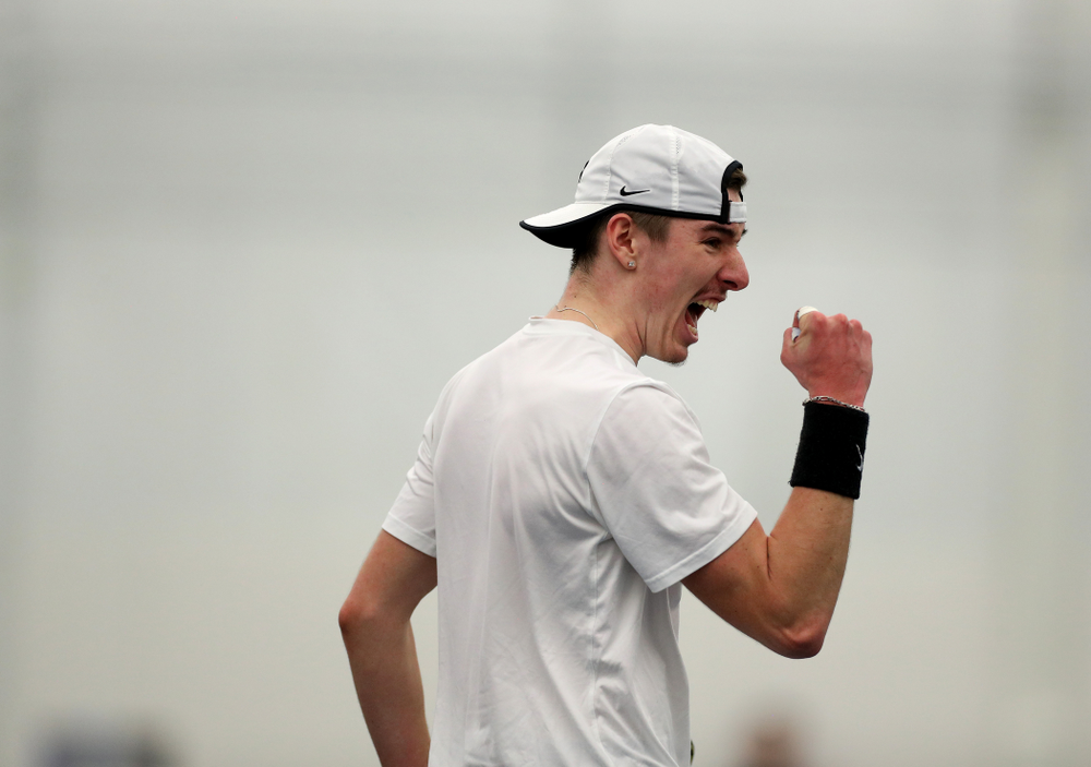Iowa’s Nikita Snezhko celebrates a point against Cornell Sunday, March 8, 2020 at the Hawkeye Tennis and Recreation Center. (Brian Ray/hawkeyesports.com)