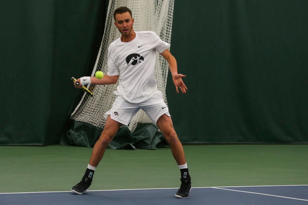 Iowa’s Kareem Allaf hits a forehand during the Iowa men’s tennis match vs Western Michigan on Saturday, January 18, 2020 at the Hawkeye Tennis and Recreation Complex. (Lily Smith/hawkeyesports.com)