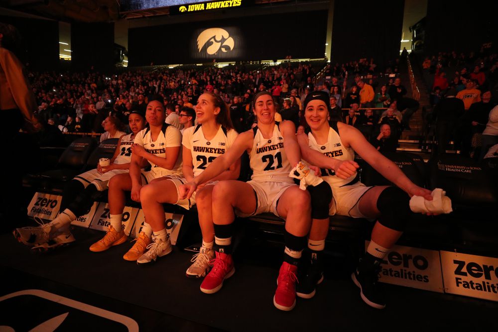 Iowa Hawkeyes forward Hannah Stewart (21) and forward Megan Gustafson (10) against the Illinois Fighting Illini Thursday, February 14, 2019 at Carver-Hawkeye Arena. (Brian Ray/hawkeyesports.com)