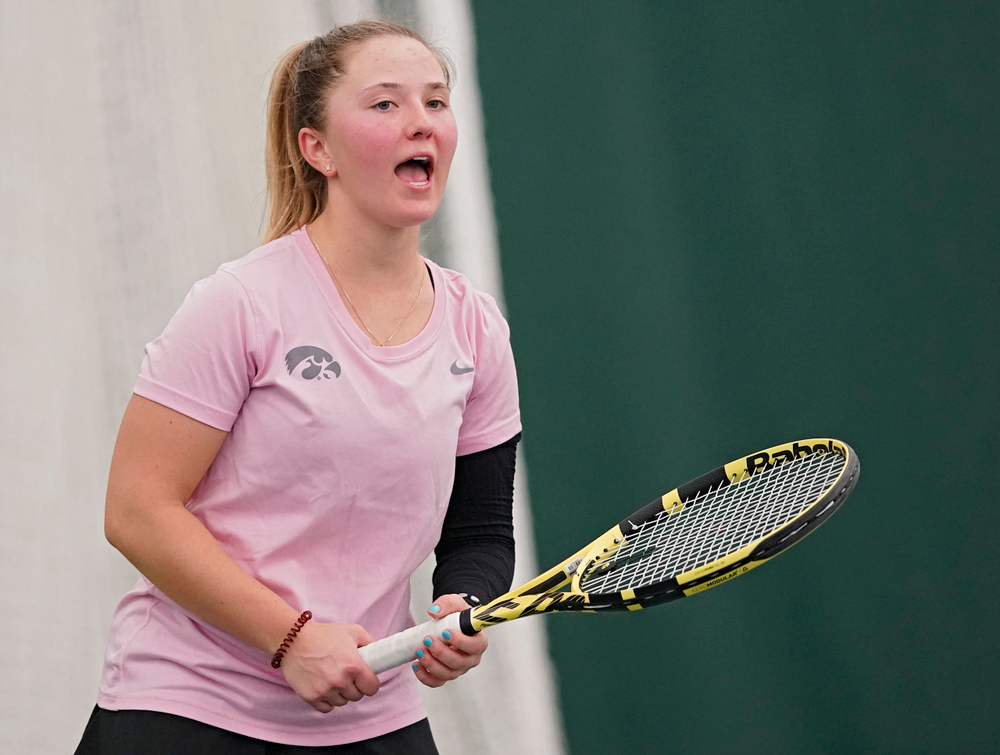 Iowa's Danielle Burich celebrates after a score during a match against Purdue at the Hawkeye Tennis and Recreation Complex in Iowa City on Friday, Mar. 29, 2019. (Stephen Mally/hawkeyesports.com)