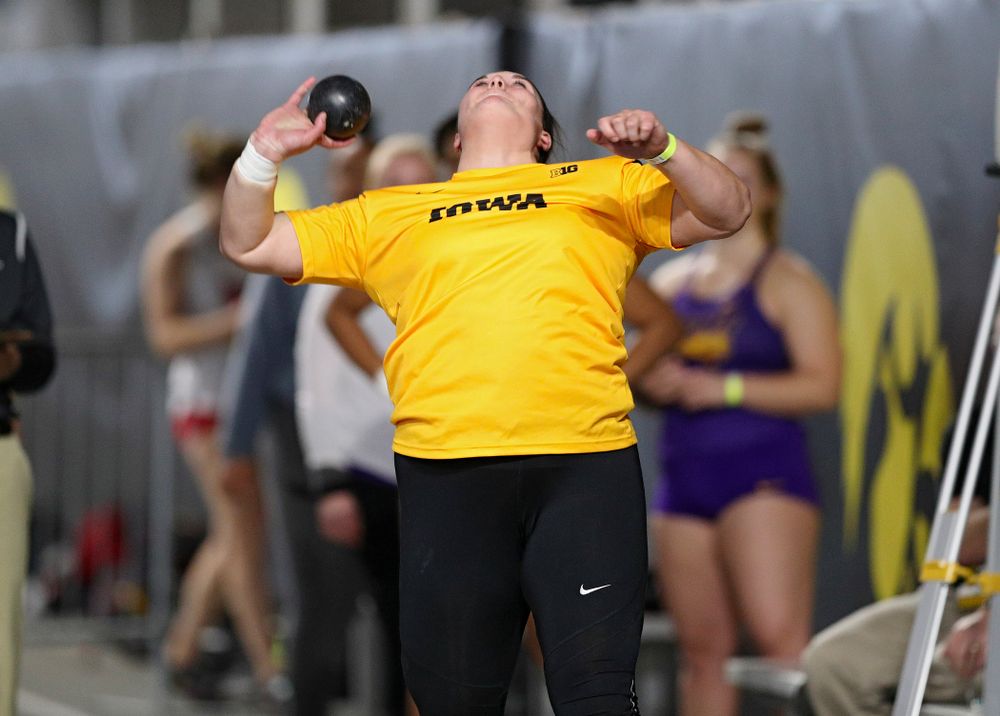 Iowa’s Jamie Kofron competes in the women’s shot put event during the Jimmy Grant Invitational at the Recreation Building in Iowa City on Saturday, December 14, 2019. (Stephen Mally/hawkeyesports.com)
