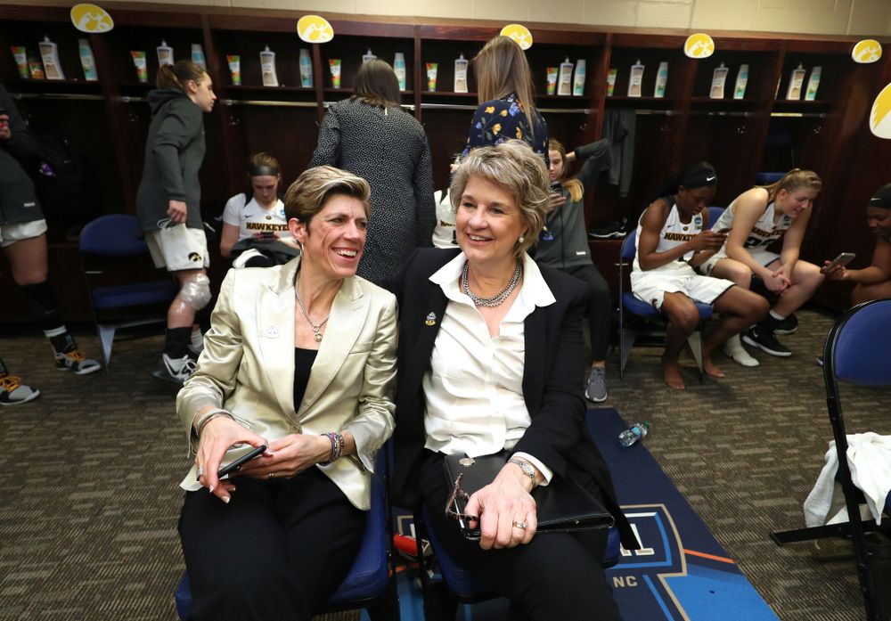 Iowa Hawkeyes associate head coach Jan Jensen and head coach Lisa Bluder against the NC State Wolfpack in the regional semi-final of the 2019 NCAA Women's College Basketball Tournament Saturday, March 30, 2019 at Greensboro Coliseum in Greensboro, NC.(Brian Ray/hawkeyesports.com)