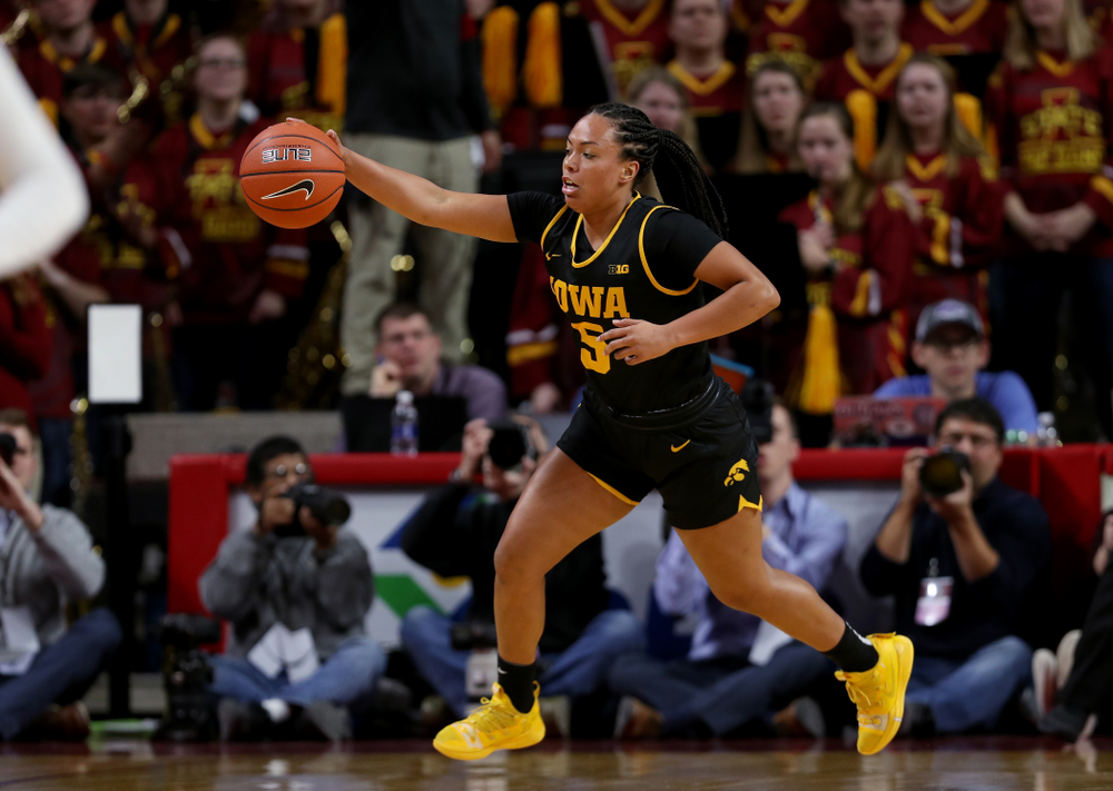 Iowa Hawkeyes guard Alexis Sevillian (5) against the Iowa State Cyclones Wednesday, December 11, 2019 at Hilton Coliseum in Ames, Iowa(Brian Ray/hawkeyesports.com)