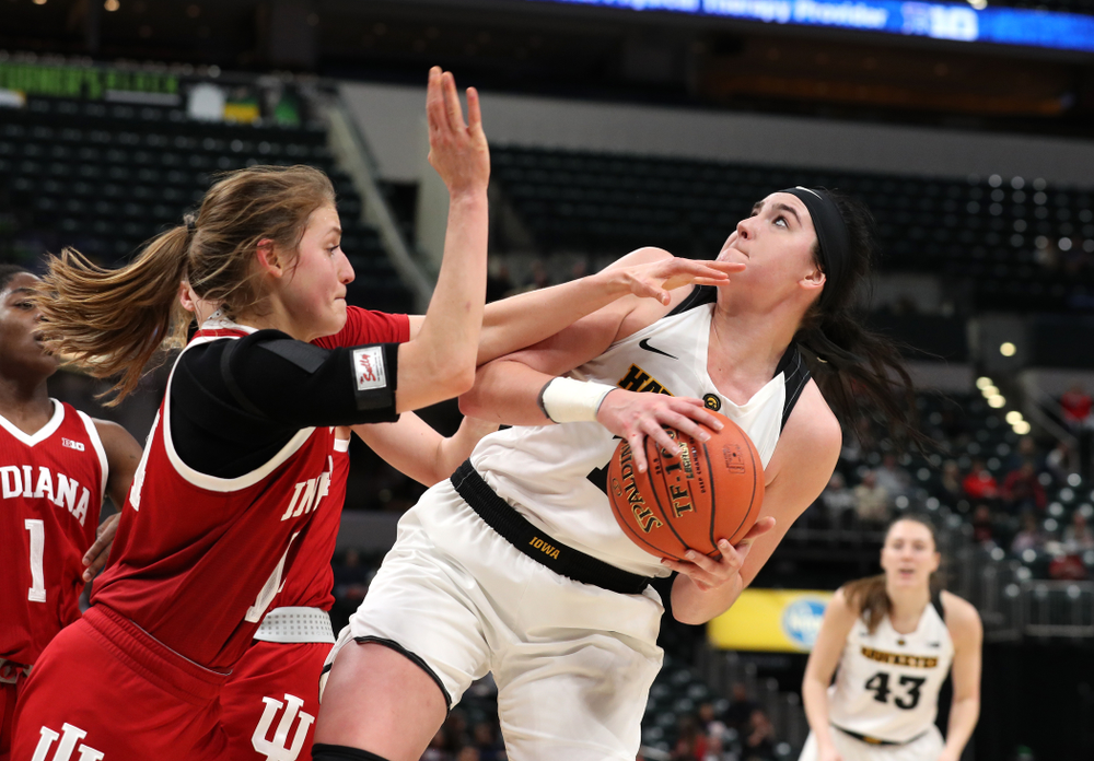 Iowa Hawkeyes forward Megan Gustafson (10) against the Indiana Hoosiers in the quarterfinals of the Big Ten Tournament Friday, March 8, 2019 at Bankers Life Fieldhouse in Indianapolis, Ind. (Brian Ray/hawkeyesports.com)