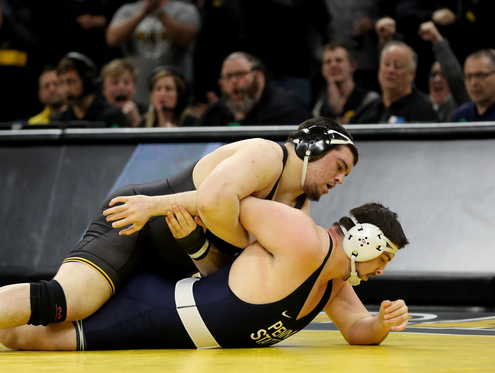 Iowa’s Tony Cassioppi wrestles Penn State’s Seth Nevills at heavyweight Friday, January 31, 2020 at Carver-Hawkeye Arena. Cassioppi won the match 6-0. (Brian Ray/hawkeyesports.com)