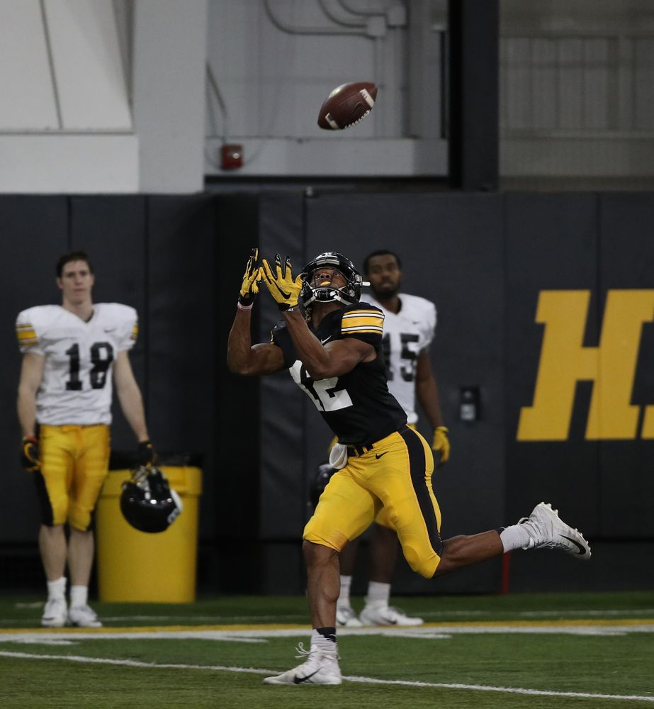 Iowa Hawkeyes wide receiver Brandon Smith (12) during preparation for the 2019 Outback Bowl Wednesday, December 19, 2018 at the Hansen Football Performance Center. (Brian Ray/hawkeyesports.com)