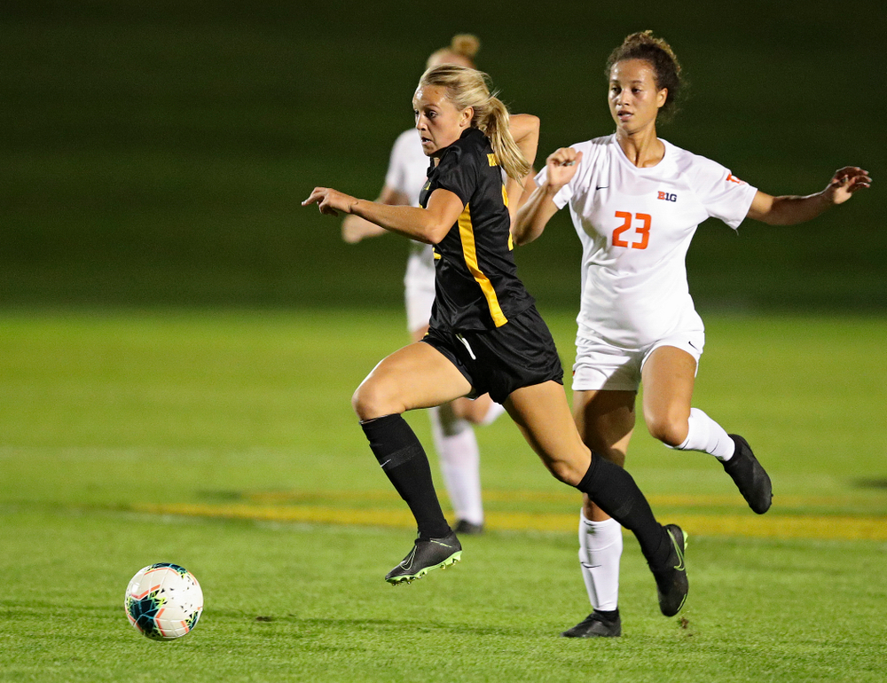 Iowa midfielder Hailey Rydberg (2) moves with the ball during the first half of their match against Illinois at the Iowa Soccer Complex in Iowa City on Thursday, Sep 26, 2019. (Stephen Mally/hawkeyesports.com)