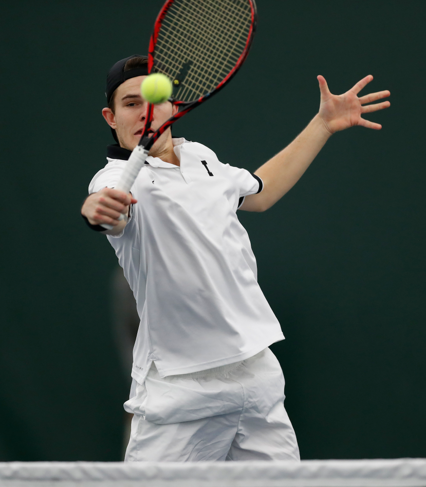 Jonas Larsen and Kareem Allaf play a doubles match against Purdue Sunday, April 15, 2018 at the Hawkeye Tennis and Recreation Center. (Brian Ray/hawkeyesports.com)