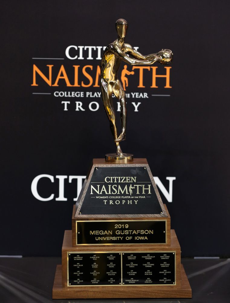 Iowa Hawkeyes forward Megan GustafsonÕs Naismith Trophy during the teamÕs Celebr-Eight event Wednesday, April 24, 2019 at Carver-Hawkeye Arena. (Brian Ray/hawkeyesports.com)