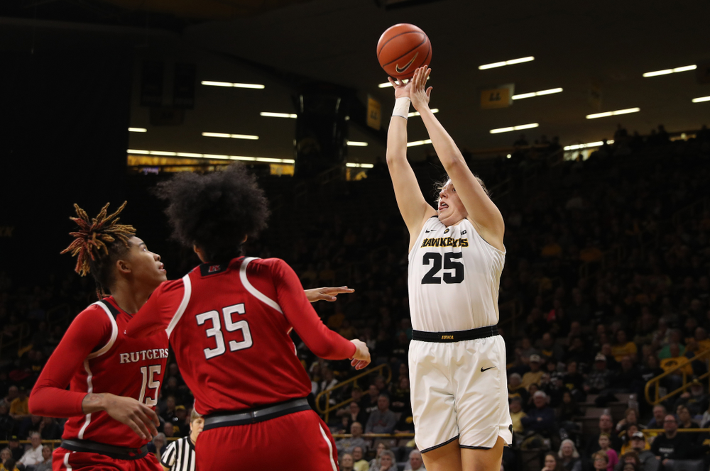 Iowa Hawkeyes forward/center Monika Czinano (25) against the Rutgers Scarlet Knights Wednesday, January 23, 2019 at Carver-Hawkeye Arena. (Brian Ray/hawkeyesports.com)