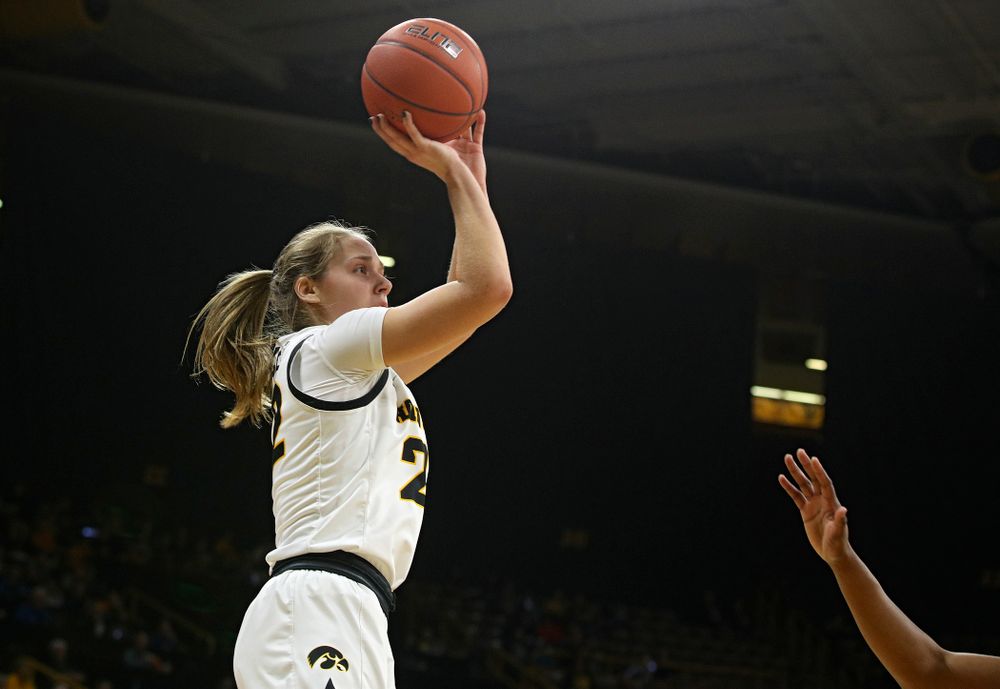 Iowa Hawkeyes guard Kathleen Doyle (22) makes a basket during the first quarter of the game at Carver-Hawkeye Arena in Iowa City on Thursday, February 6, 2020. (Stephen Mally/hawkeyesports.com)