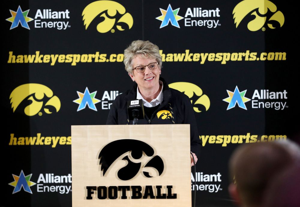 University of Iowa Deputy Director of Athletics Barbara Burke addresses the media on the Hawkeyes selection to face USC in the 2019 Holiday Bowl Sunday, December 8, 2019 at the Hansen Football Performance Center. (Brian Ray/hawkeyesports.com)
